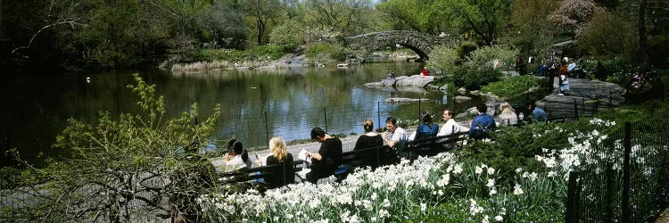 Group of people sitting on benches near a pond, Central Park, Manhattan, New York City, New York State, USA by Panoramic Images wall art