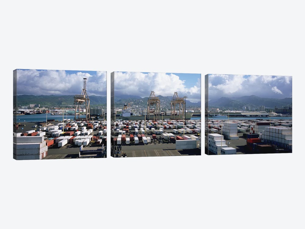Containers And Cranes At A Harbor, Honolulu Harbor, Hawaii, USA by Panoramic Images 3-piece Canvas Wall Art