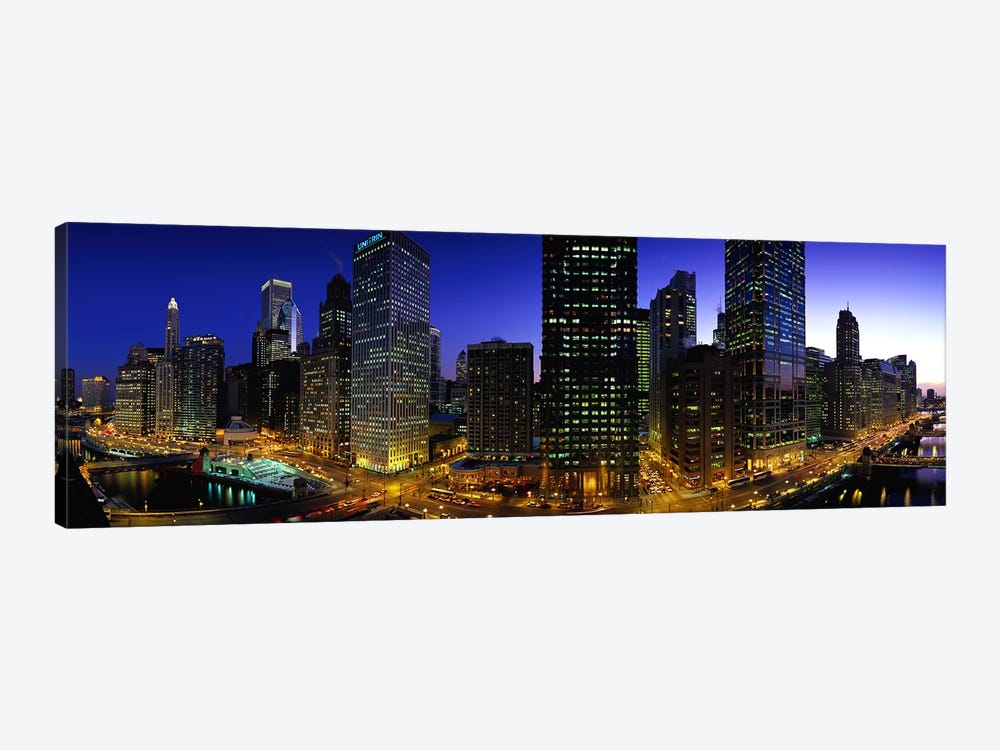 Buildings lit up at duskChicago, Illinois, USA by Panoramic Images 1-piece Canvas Artwork