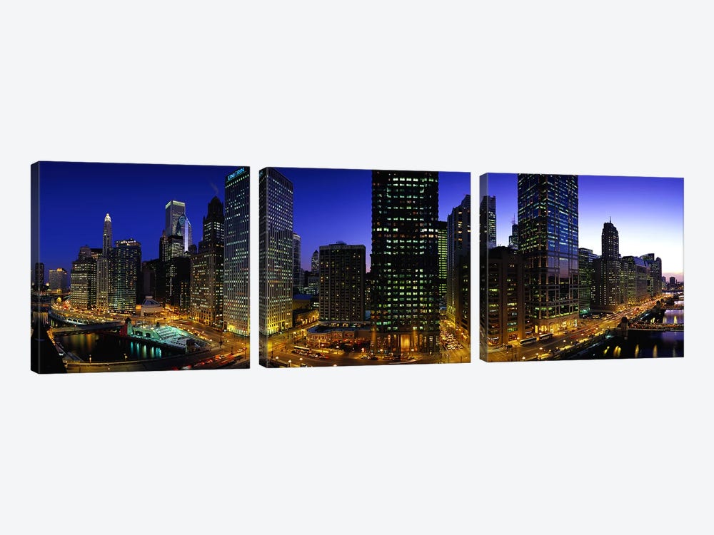 Buildings lit up at duskChicago, Illinois, USA by Panoramic Images 3-piece Canvas Wall Art
