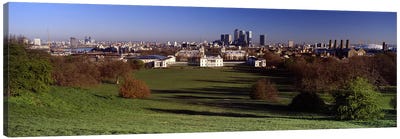 Distant View Of Canary Wharf On The Isle Of Dogs From Greenwich Park, London, England Canvas Art Print - England Art