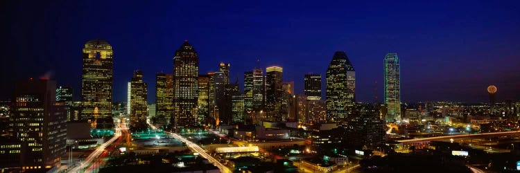 Buildings in a city lit up at night, Dallas, Texas, USA