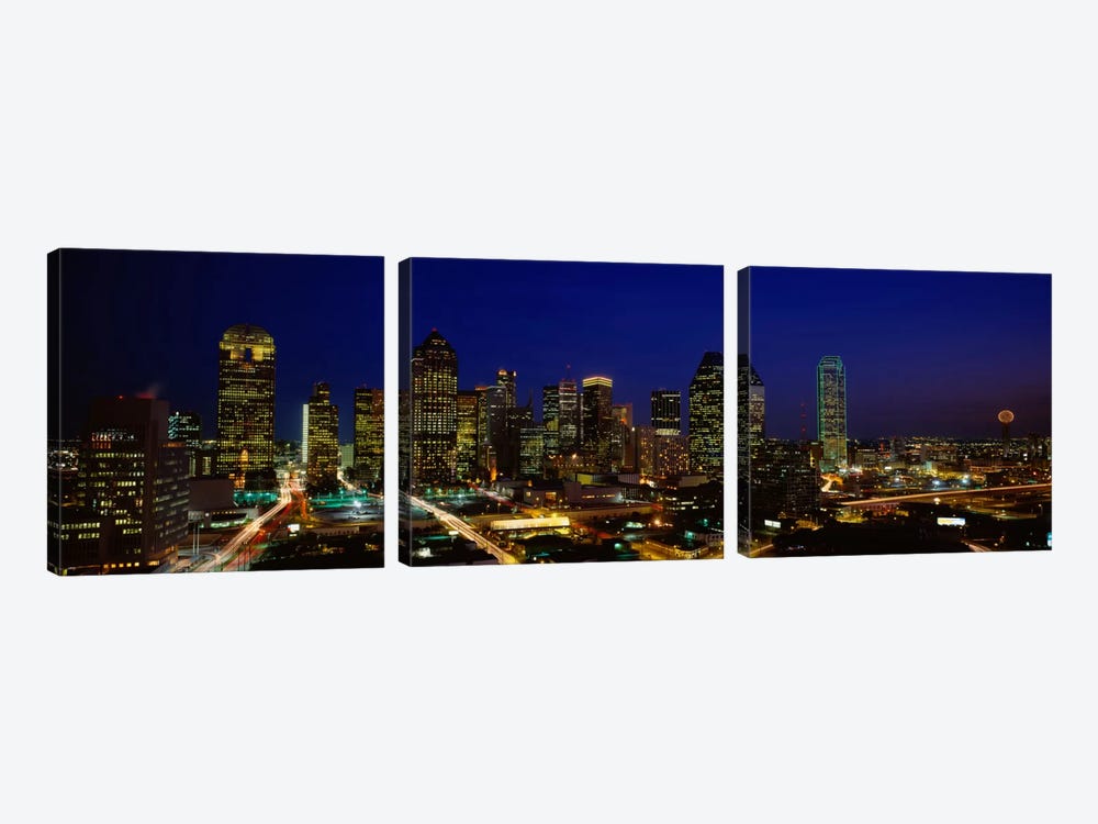 Buildings in a city lit up at night, Dallas, Texas, USA by Panoramic Images 3-piece Canvas Art