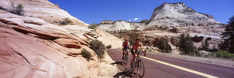 Two people cycling on the road, Zion National Park, Utah, USA