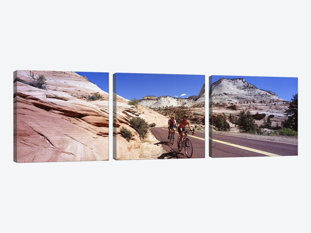 Two people cycling on the road, Zion National Park, Utah, USA by Panoramic Images 3-piece Art Print