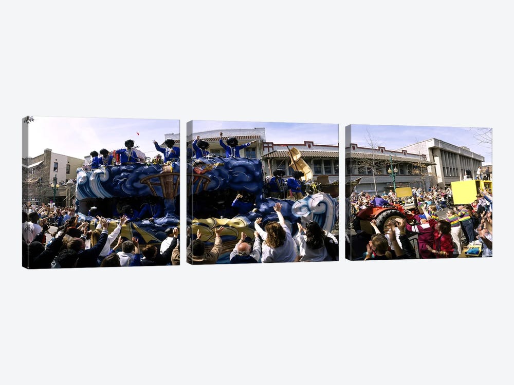 Crowd of people cheering a Mardi Gras Parade, New Orleans, Louisiana, USA by Panoramic Images 3-piece Canvas Art