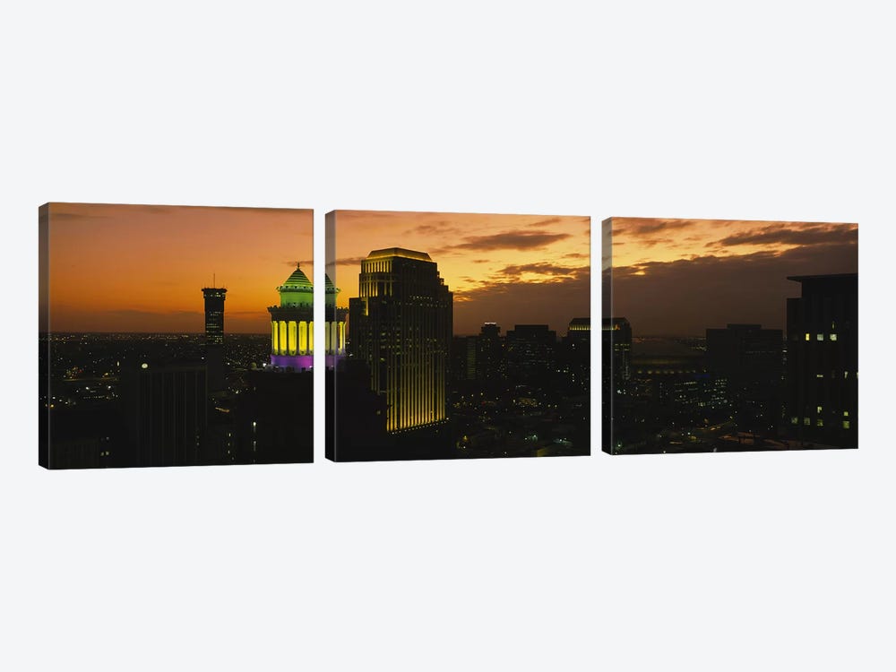 High angle view of buildings lit up at dusk, New Orleans, Louisiana, USA by Panoramic Images 3-piece Canvas Print