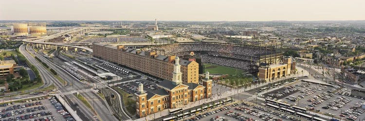 Aerial view of a baseball stadium in a city, Oriole Park at Camden Yards, Baltimore, Maryland, USA