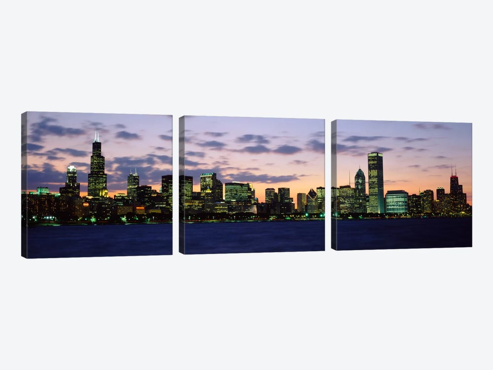 Buildings in a city at duskChicago, Illinois, USA by Panoramic Images 3-piece Canvas Artwork