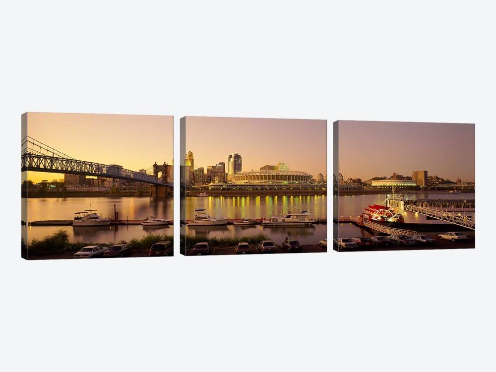 Buildings in a city lit up at dusk, Cincinnati, Ohio, USA by Panoramic Images 3-piece Art Print