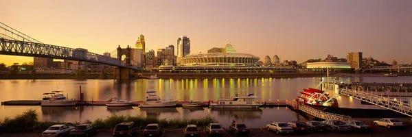 Ohio: Buildings in a city lit up at dusk, Cincinnati, Ohio, USA by Panoramic Images