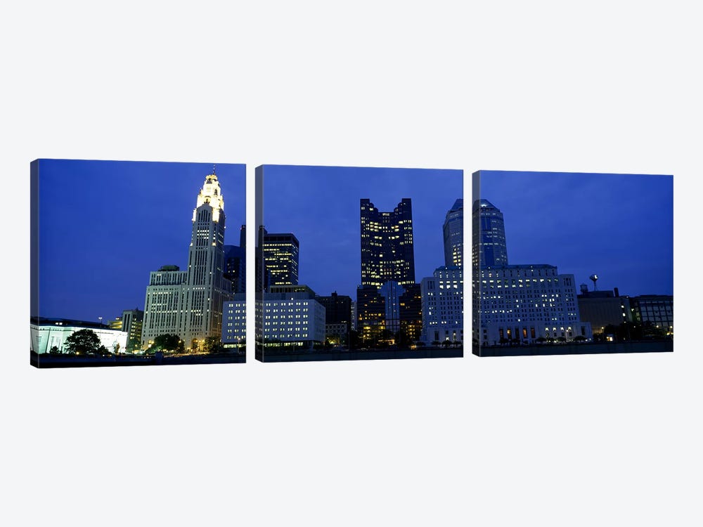 Low angle view of buildings lit up at night, Columbus, Ohio, USA by Panoramic Images 3-piece Canvas Art Print