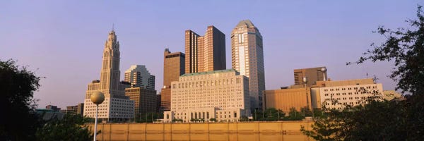 Ohio: Low angle view of buildings in a city, Scioto River, Columbus, Ohio, USA by Panoramic Images