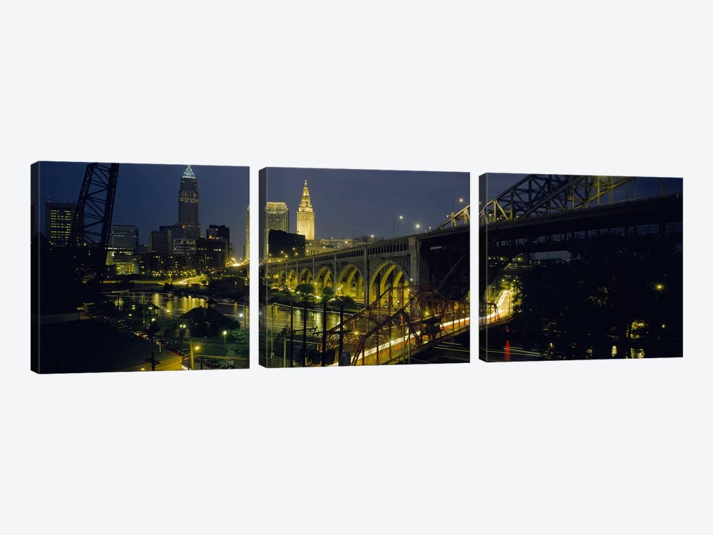 Arch bridge & buildings lit up at nightCleveland, Ohio, USA by Panoramic Images 3-piece Canvas Wall Art
