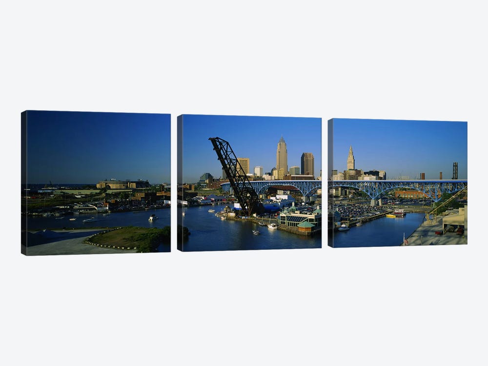 High angle view of boats in a river, Cleveland, Ohio, USA by Panoramic Images 3-piece Canvas Art Print