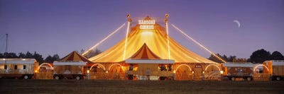 An Illuminated Big Top At Dusk, Narodni Cirkus, Prague, Czech Republic by Panoramic Images framed canvas print
