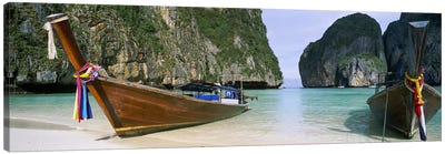 Moored Longtail Boats, Maya Bay, Ko Phi Phi Le, Phi Phi Islands, Krabi Province, Thailand Canvas Art Print - Nautical Scenic Photography