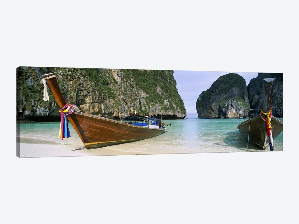 Moored Longtail Boats, Maya Bay, Ko Phi Phi Le, Phi Phi Islands, Krabi Province, Thailand by Panoramic Images 1-piece Canvas Wall Art