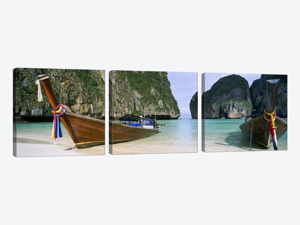 Moored Longtail Boats, Maya Bay, Ko Phi Phi Le, Phi Phi Islands, Krabi Province, Thailand by Panoramic Images 3-piece Canvas Art