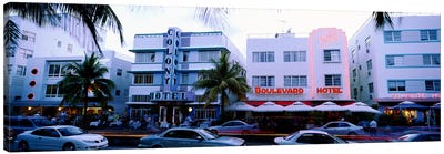 Traffic on road in front of hotels, Ocean Drive, Miami, Florida, USA Canvas Art Print - Miami Art