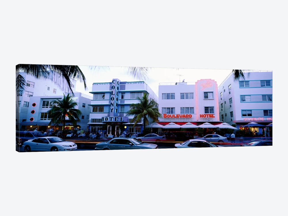 Traffic on road in front of hotels, Ocean Drive, Miami, Florida, USA by Panoramic Images 1-piece Art Print