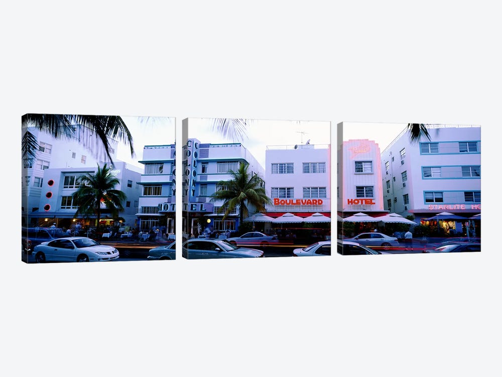 Traffic on road in front of hotels, Ocean Drive, Miami, Florida, USA by Panoramic Images 3-piece Canvas Art Print