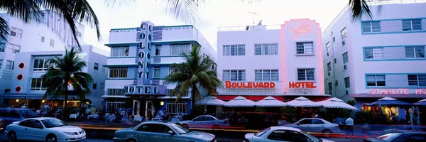 Miami: Traffic on road in front of hotels, Ocean Drive, Miami, Florida, USA by Panoramic Images