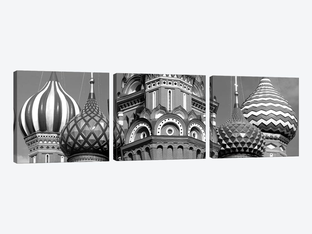 Mid section view of a cathedral, St. Basil's Cathedral, Red Square, Moscow, Russia (black & white) by Panoramic Images 3-piece Canvas Art