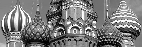 Domes: Mid section view of a cathedral, St. Basil's Cathedral, Red Square, Moscow, Russia (black & white) by Panoramic Images