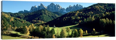 Distant View Of St. Johann (Giovanni) Church, Val di Funes, South Tyrol, Italy Canvas Art Print - Hill & Hillside Art