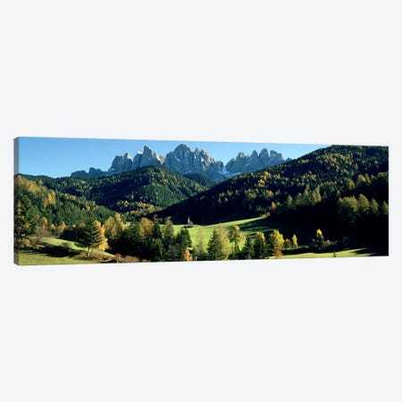 Distant View Of St. Johann (Giovanni) Church, Val di Funes, South Tyrol, Italy Canvas Print #PIM5403} by Panoramic Images Canvas Wall Art