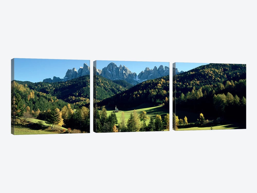 Distant View Of St. Johann (Giovanni) Church, Val di Funes, South Tyrol, Italy by Panoramic Images 3-piece Canvas Artwork