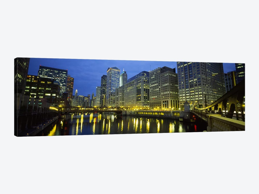 Low angle view of buildings lit up at night, Chicago River, Chicago, Illinois, USA by Panoramic Images 1-piece Canvas Print