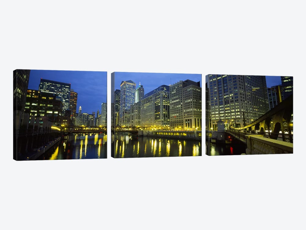 Low angle view of buildings lit up at night, Chicago River, Chicago, Illinois, USA by Panoramic Images 3-piece Canvas Art Print