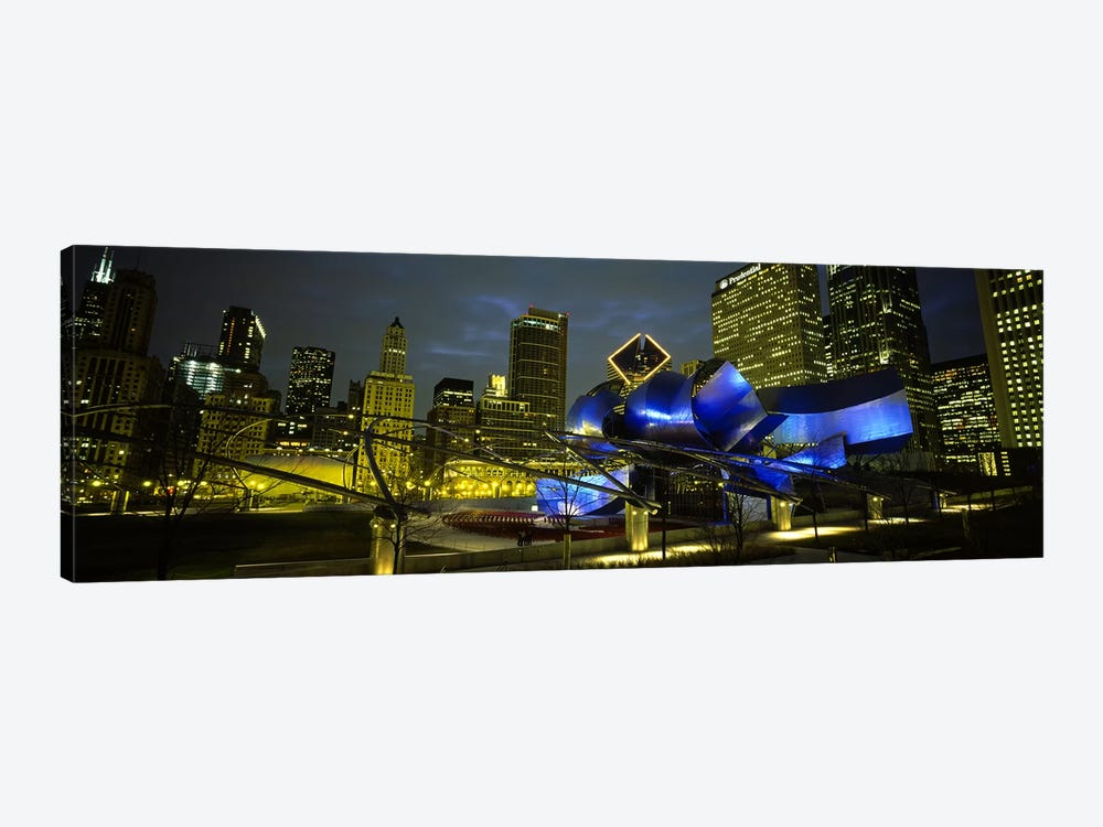 Low angle view of buildings lit up at night, Pritzker Pavilion, Millennium Park, Chicago, Illinois, USA by Panoramic Images 1-piece Canvas Art