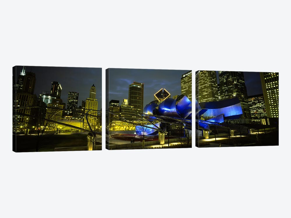 Low angle view of buildings lit up at night, Pritzker Pavilion, Millennium Park, Chicago, Illinois, USA by Panoramic Images 3-piece Canvas Wall Art