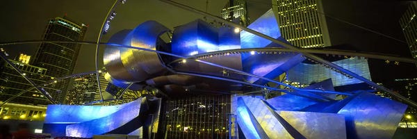 Chicago: Pavilion in a park lit up at night, Pritzker Pavilion, Millennium Park, Chicago, Illinois, USA by Panoramic Images