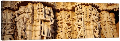 Sculptures carved on a wall of a temple, Jain Temple, Ranakpur, Rajasthan, India Canvas Art Print - Asia Art