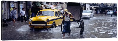 Pulled Rickshaw In Traffic On A Flooded Street, Calcutta, West Bengal, India Canvas Art Print - India Art