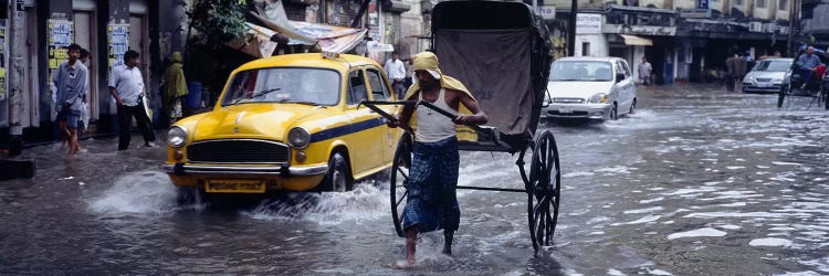 Pulled Rickshaw In Traffic On A Flooded Street, Calcutta, West Bengal, India