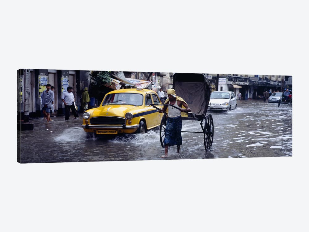 Pulled Rickshaw In Traffic On A Flooded Street, Calcutta, West Bengal, India by Panoramic Images 1-piece Canvas Wall Art