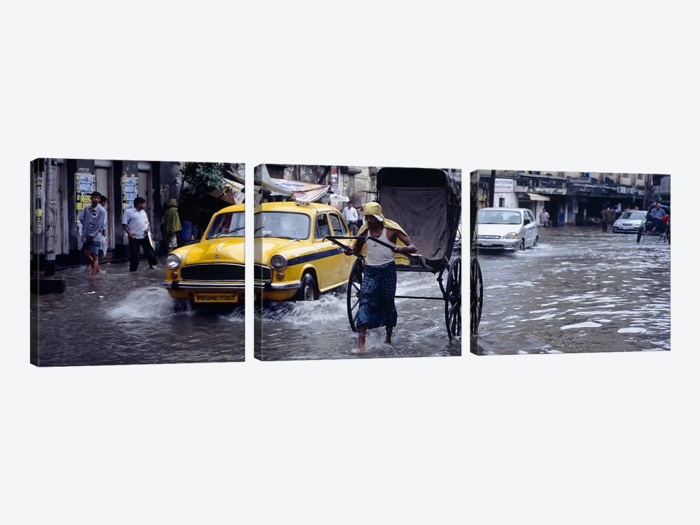 Pulled Rickshaw In Traffic On A Flooded Street, Calcutta, West Bengal, India by Panoramic Images 3-piece Canvas Art