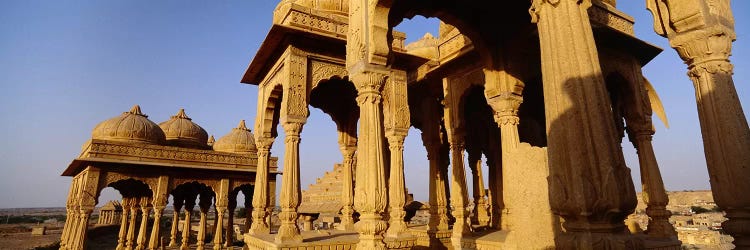 Low angle view of monuments at a place of burial, Jaisalmer, Rajasthan, India