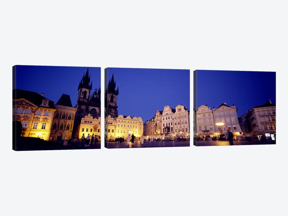 Buildings lit up at dusk, Prague Old Town Square, Old Town, Prague, Czech Republic by Panoramic Images 3-piece Canvas Wall Art
