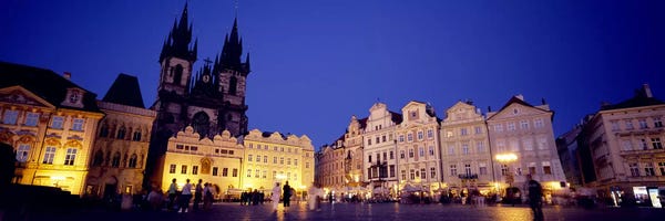 Czech Republic: Buildings lit up at dusk, Prague Old Town Square, Old Town, Prague, Czech Republic by Panoramic Images
