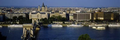 Buildings at the waterfront, Chain Bridge, Danube River, Budapest, Hungary by Panoramic Images multi panel art