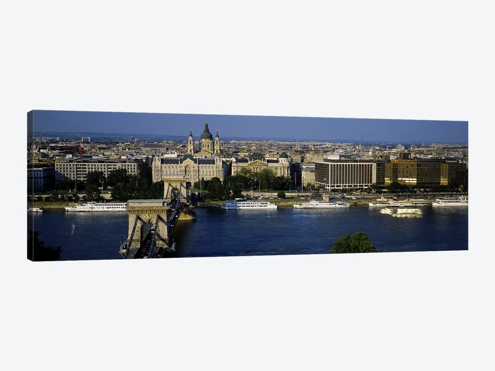 Buildings at the waterfront, Chain Bridge, Danube River, Budapest, Hungary by Panoramic Images 1-piece Canvas Art Print