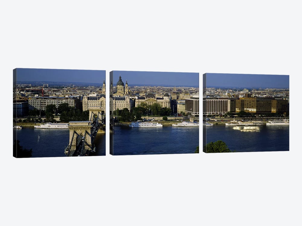 Buildings at the waterfront, Chain Bridge, Danube River, Budapest, Hungary by Panoramic Images 3-piece Canvas Art Print