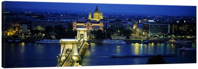 High angle view of a suspension bridge lit up at dusk, Chain Bridge, Danube River, Budapest, Hungary Canvas Art Print - Hungary Art