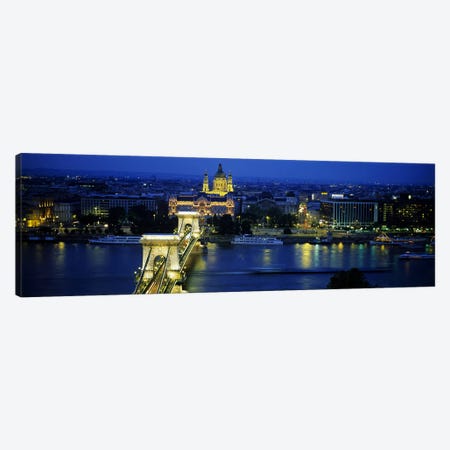 High angle view of a suspension bridge lit up at dusk, Chain Bridge, Danube River, Budapest, Hungary Canvas Print #PIM5502} by Panoramic Images Canvas Print